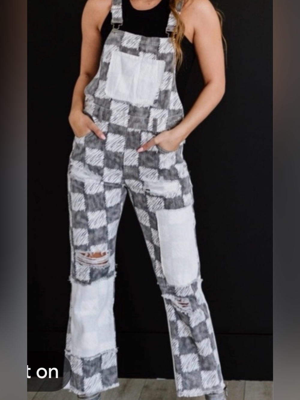 POL Black and White Checkerboard Patched Distressed Overalls, size M